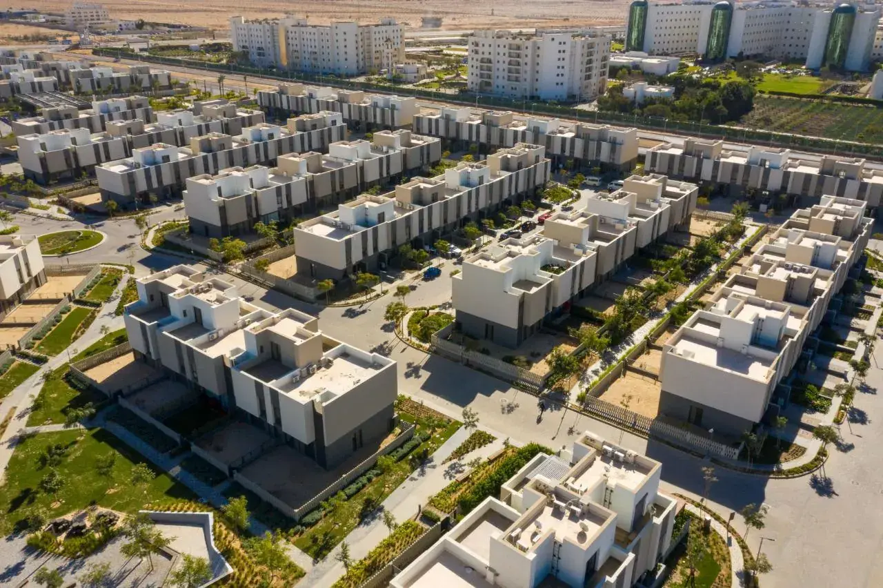 Aerial view of Al Burouj townhouse clusters and landscaped courtyards